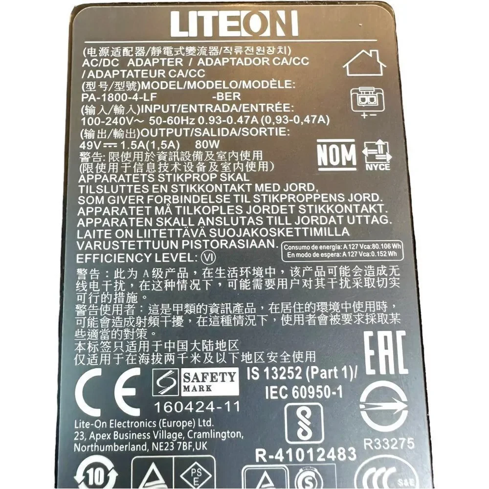 LITEON 49V 1.5A 80W PA-1800-4-LF Power Supply AC Adapter + Power Cord